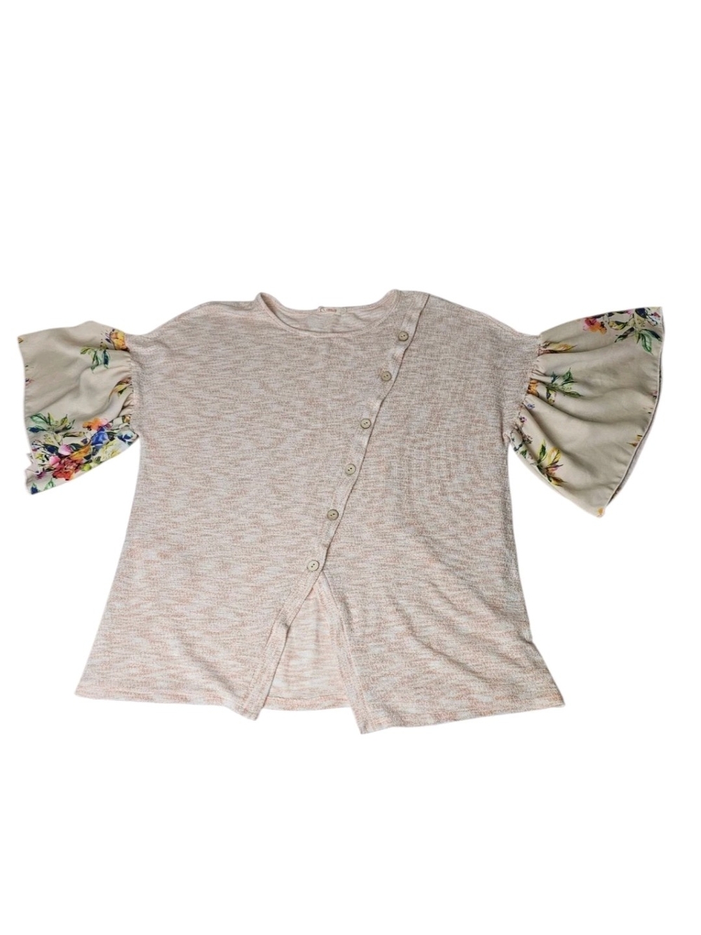 Hummingbird Floral Blouse Top Peach Ivory Flutter Sleeve Top Size Large